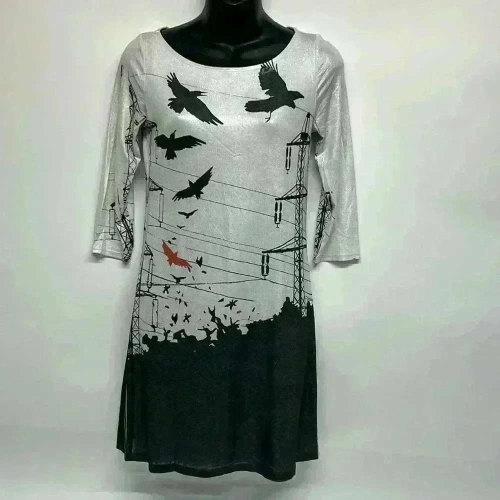 Art to wear: Graphic Bird Print Dress. Poly/Spandex hugs curves. washable. S/P